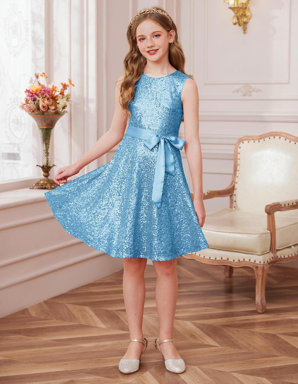 imageGRACE KARIN Girls Sequin Sparkly Dress Kids Party Birthday Fancy Formal Cocktail Pageant Christmas Dresses Size 614YLight Blue