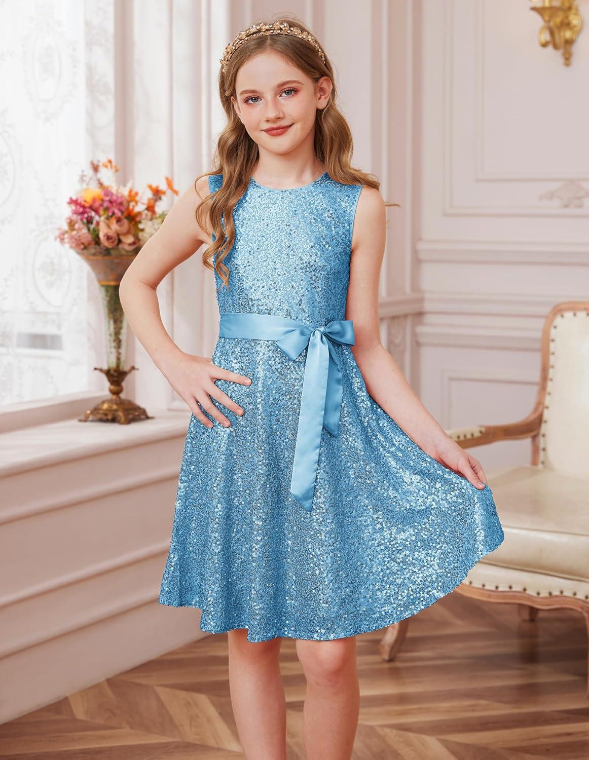 imageGRACE KARIN Girls Sequin Sparkly Dress Kids Party Birthday Fancy Formal Cocktail Pageant Christmas Dresses Size 614YLight Blue