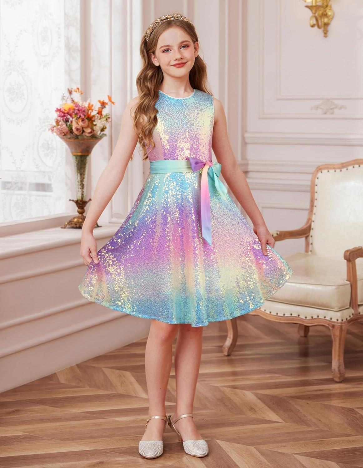 imageGRACE KARIN Girls Sequin Sparkly Dress Kids Party Birthday Fancy Formal Cocktail Pageant Christmas Dresses Size 614YRainbow