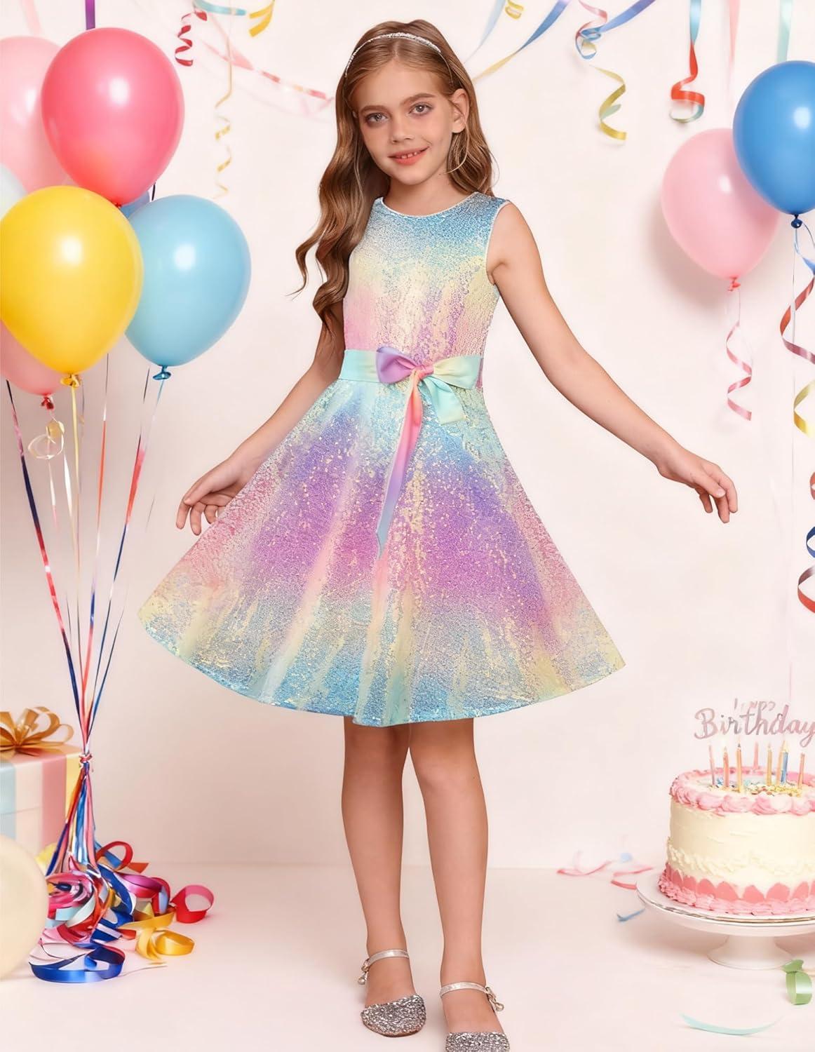 imageGRACE KARIN Girls Sequin Sparkly Dress Kids Party Birthday Fancy Formal Cocktail Pageant Christmas Dresses Size 614YRainbow