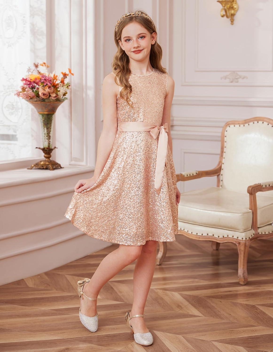 imageGRACE KARIN Girls Sequin Sparkly Dress Kids Party Birthday Fancy Formal Cocktail Pageant Christmas Dresses Size 614YRose Gold