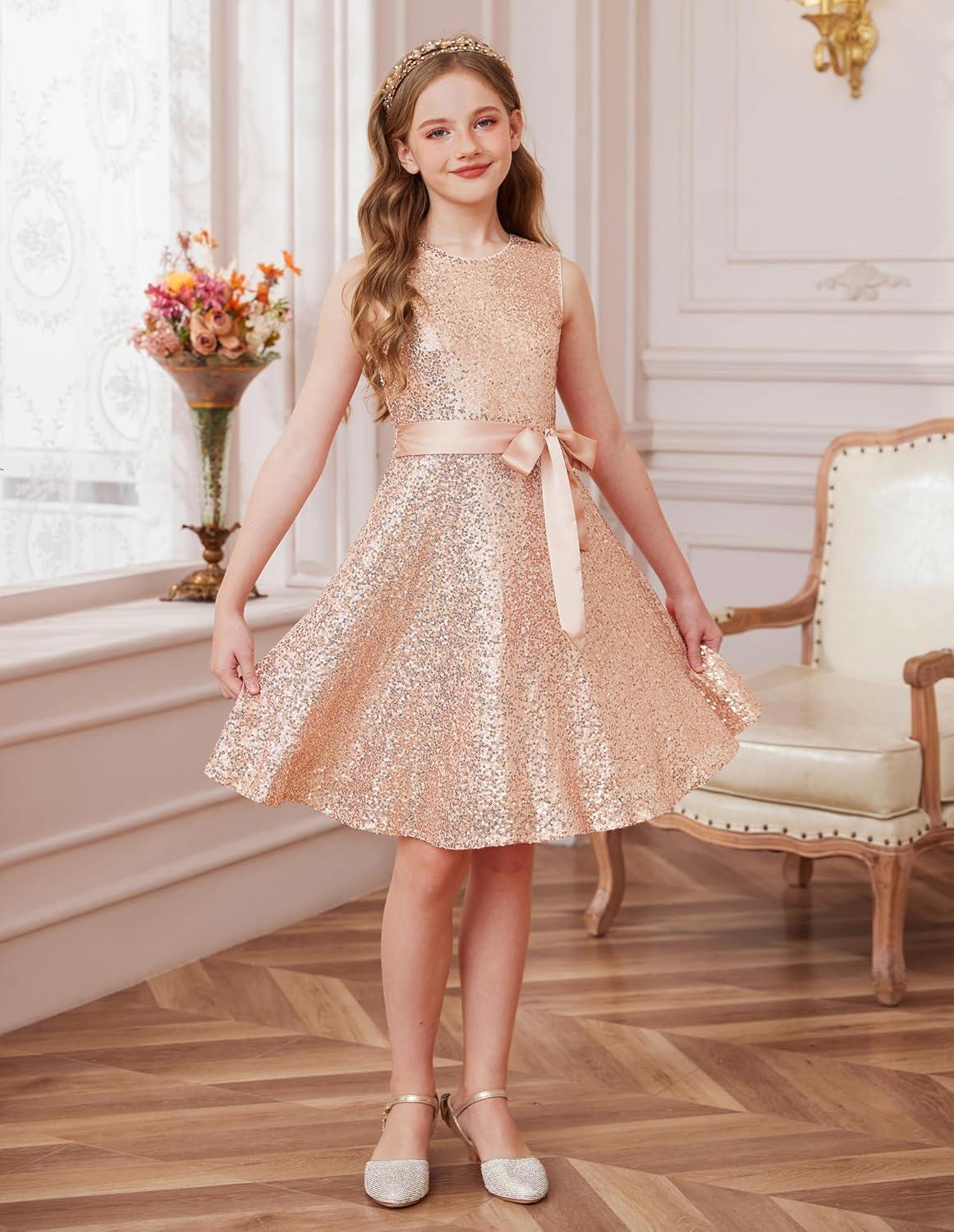 imageGRACE KARIN Girls Sequin Sparkly Dress Kids Party Birthday Fancy Formal Cocktail Pageant Christmas Dresses Size 614YRose Gold