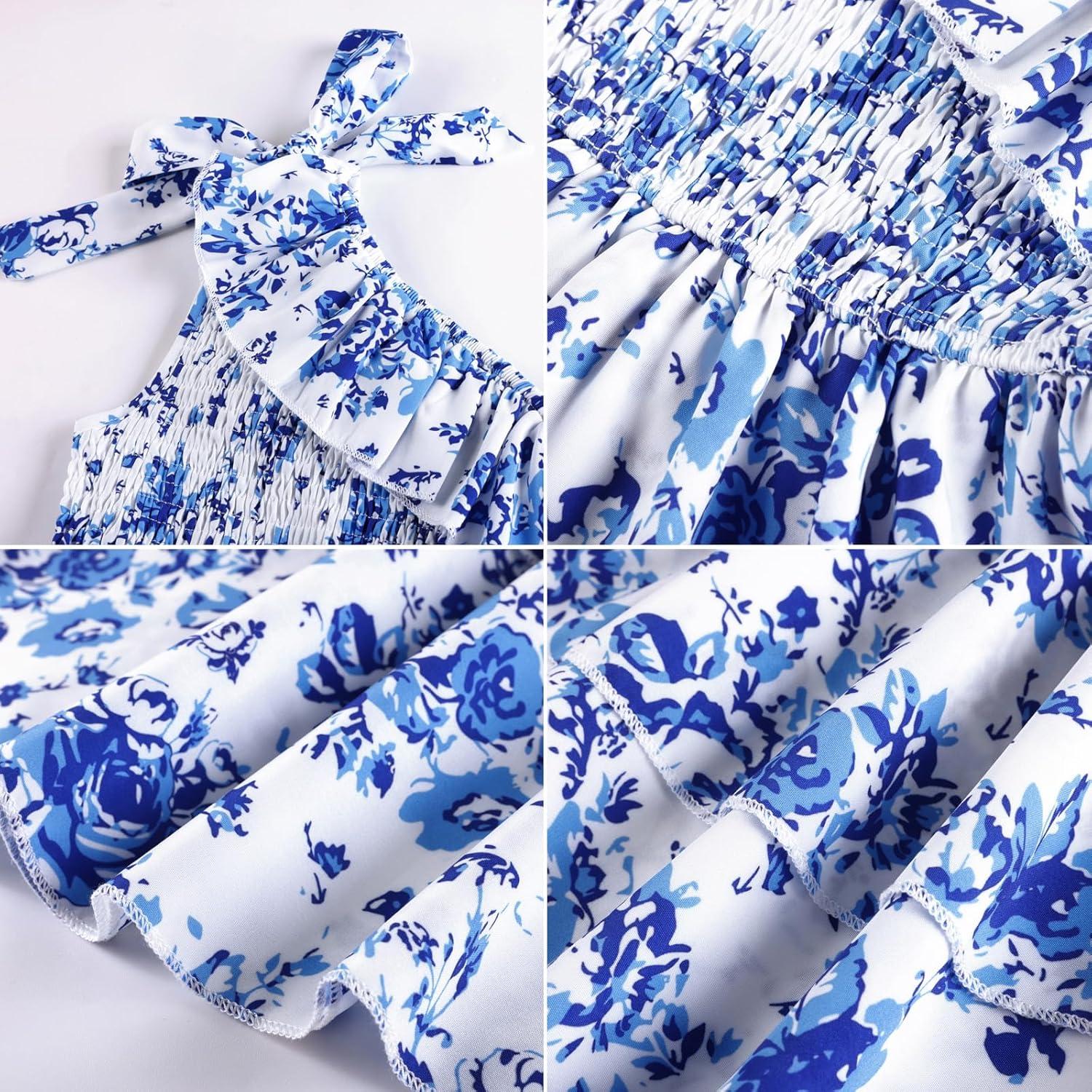 imageGRACE KARIN Girls Summer Spring Dress Kids One Shoulder Floral Dresses Teen Cute Party Flower 2 Layer Hawaiian Clothes 614Blue Big Floral