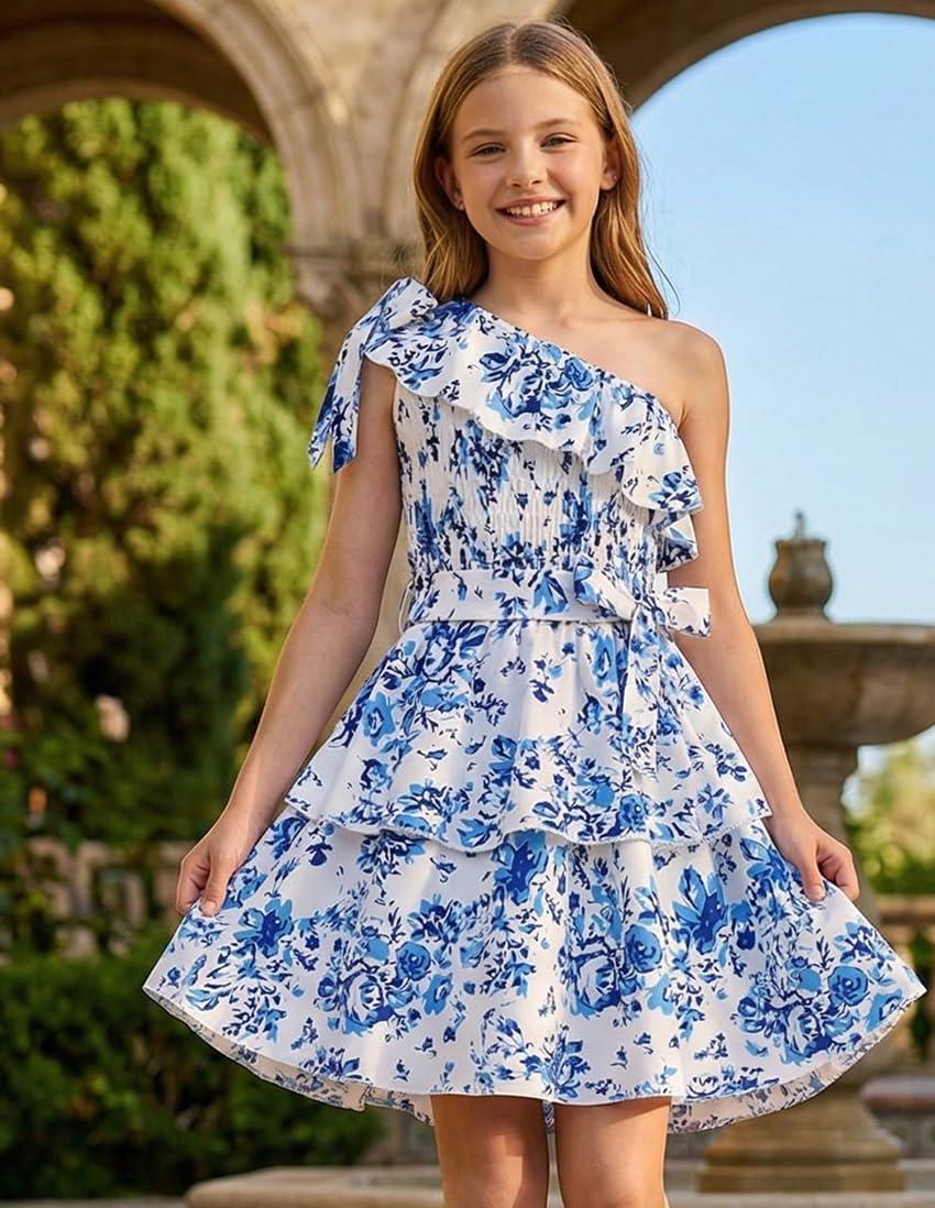 imageGRACE KARIN Girls Summer Spring Dress Kids One Shoulder Floral Dresses Teen Cute Party Flower 2 Layer Hawaiian Clothes 614Blue Big Floral