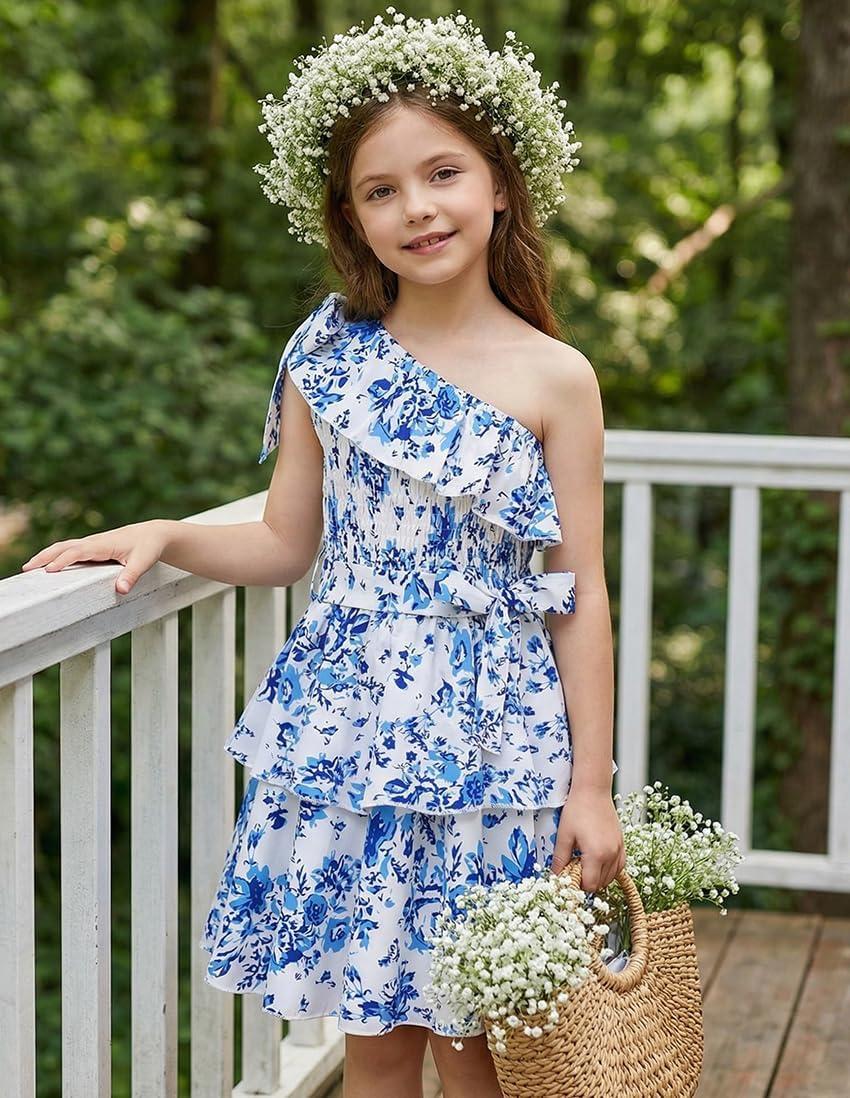 imageGRACE KARIN Girls Summer Spring Dress Kids One Shoulder Floral Dresses Teen Cute Party Flower 2 Layer Hawaiian Clothes 614Blue Big Floral