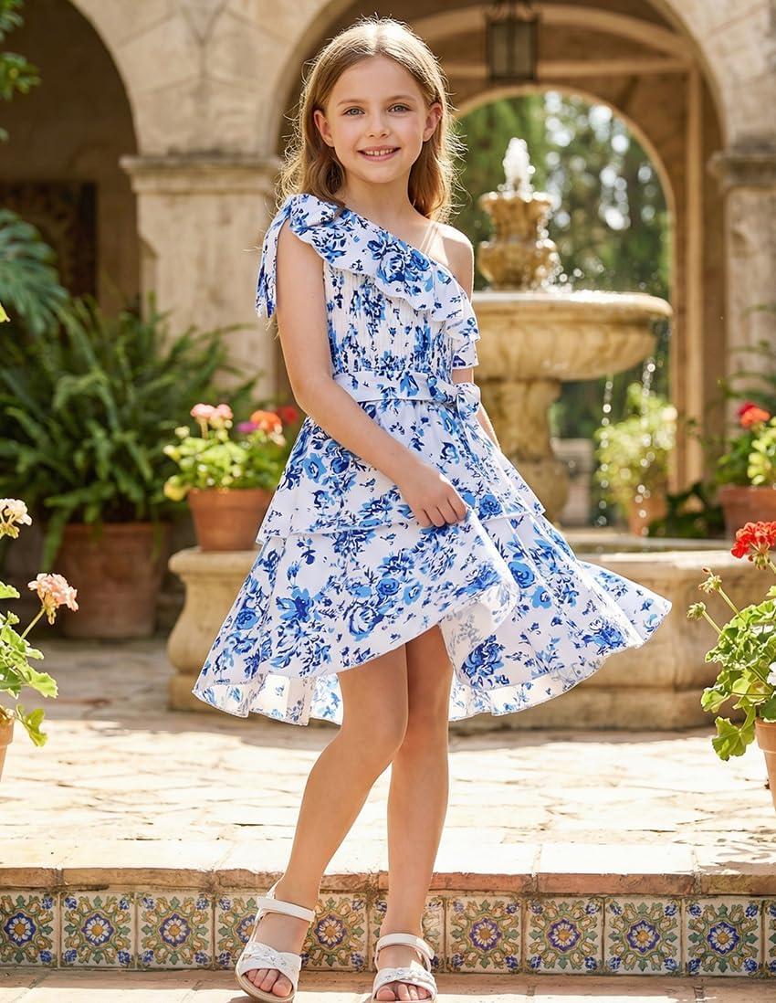 imageGRACE KARIN Girls Summer Spring Dress Kids One Shoulder Floral Dresses Teen Cute Party Flower 2 Layer Hawaiian Clothes 614Blue Big Floral