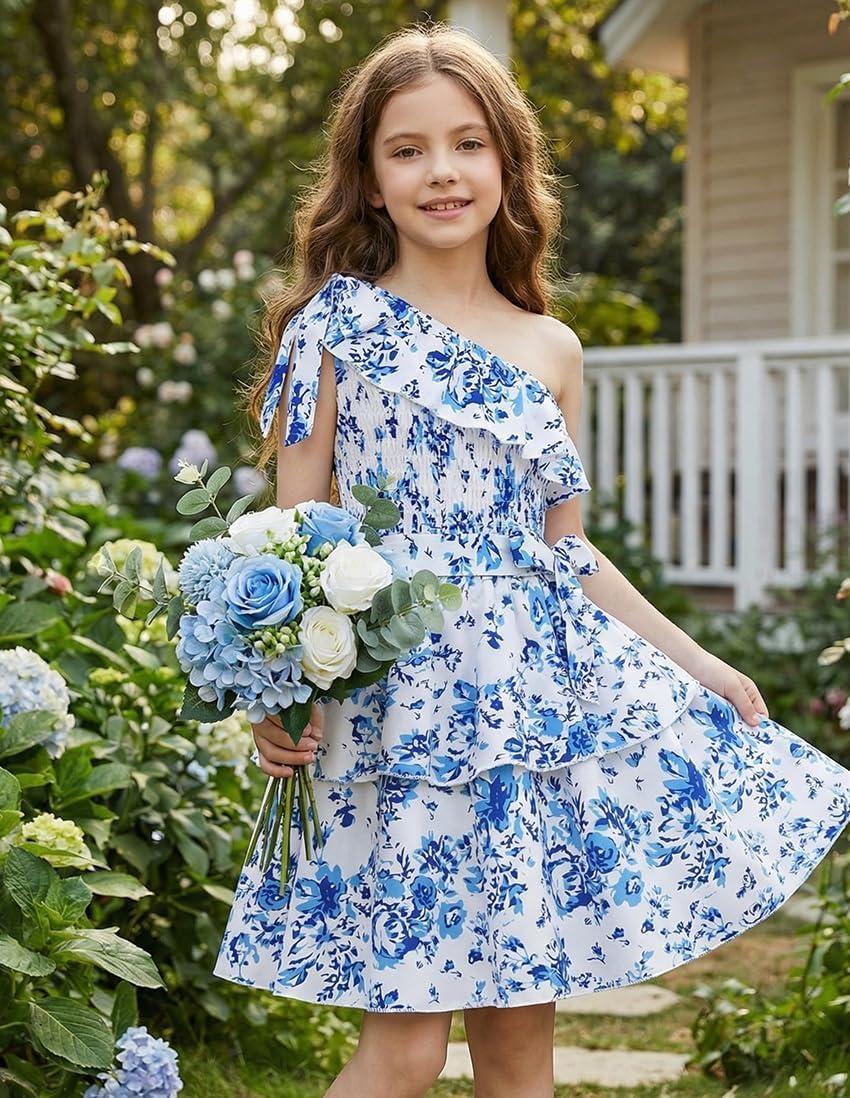 imageGRACE KARIN Girls Summer Spring Dress Kids One Shoulder Floral Dresses Teen Cute Party Flower 2 Layer Hawaiian Clothes 614Blue Big Floral