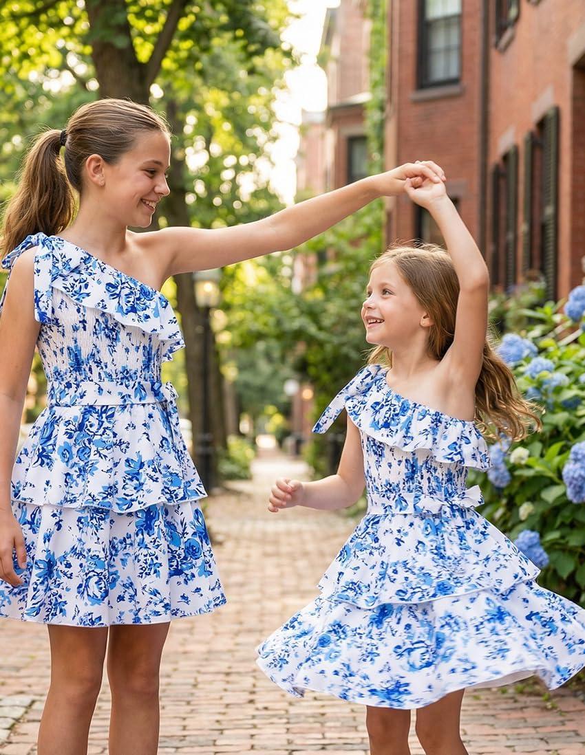 imageGRACE KARIN Girls Summer Spring Dress Kids One Shoulder Floral Dresses Teen Cute Party Flower 2 Layer Hawaiian Clothes 614Blue Big Floral