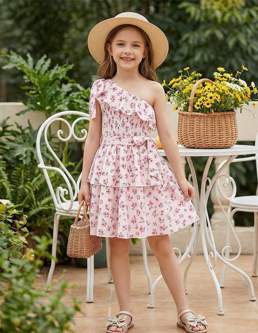 imageGRACE KARIN Girls Summer Spring Dress Kids One Shoulder Floral Dresses Teen Cute Party Flower 2 Layer Hawaiian Clothes 614Cream Floral