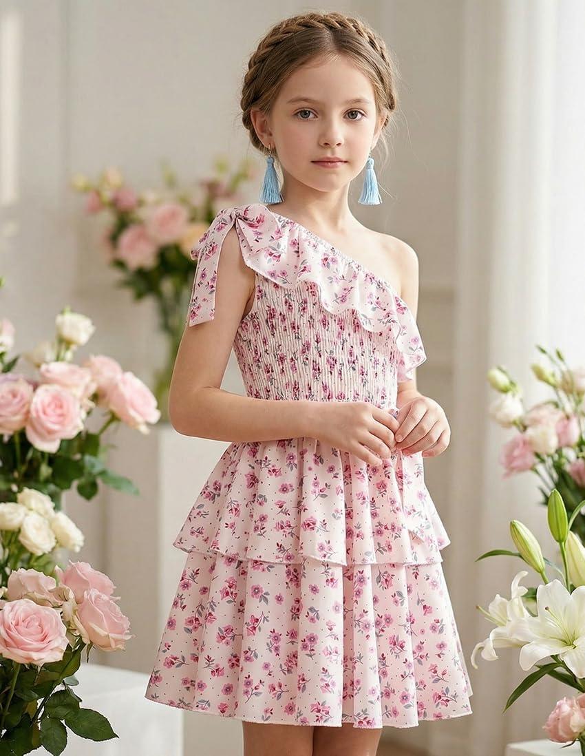 imageGRACE KARIN Girls Summer Spring Dress Kids One Shoulder Floral Dresses Teen Cute Party Flower 2 Layer Hawaiian Clothes 614Cream Floral