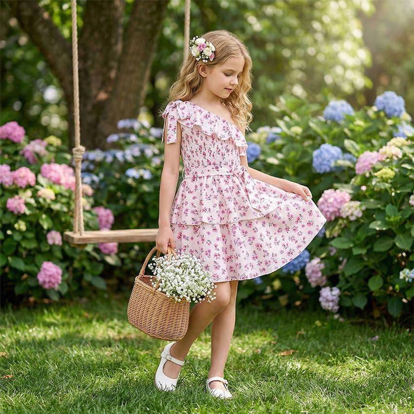 imageGRACE KARIN Girls Summer Spring Dress Kids One Shoulder Floral Dresses Teen Cute Party Flower 2 Layer Hawaiian Clothes 614Cream Floral