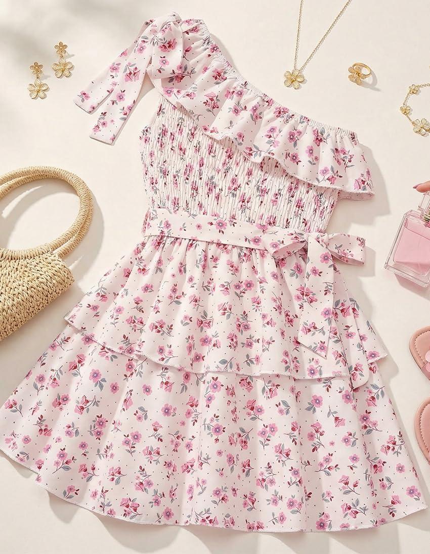 imageGRACE KARIN Girls Summer Spring Dress Kids One Shoulder Floral Dresses Teen Cute Party Flower 2 Layer Hawaiian Clothes 614Cream Floral