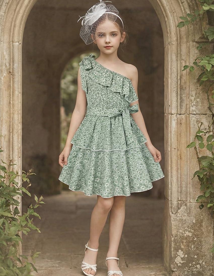 imageGRACE KARIN Girls Summer Spring Dress Kids One Shoulder Floral Dresses Teen Cute Party Flower 2 Layer Hawaiian Clothes 614Grey Green Floral