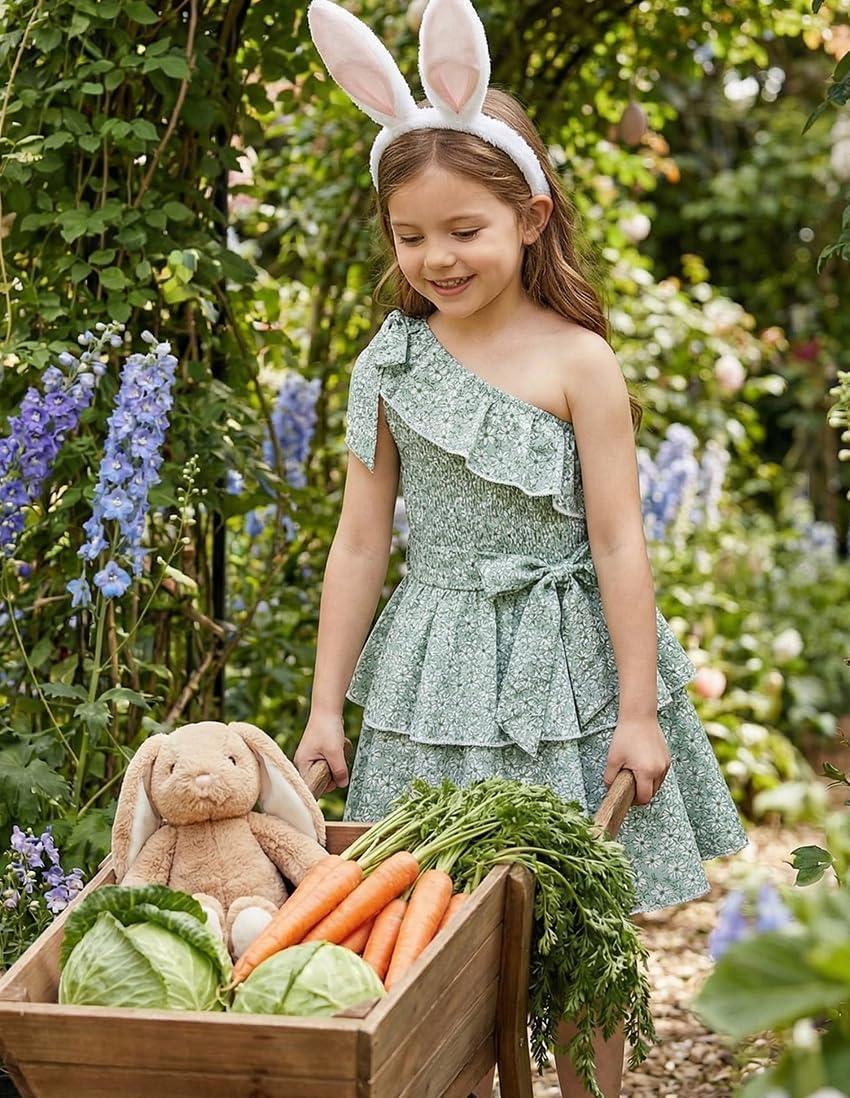 imageGRACE KARIN Girls Summer Spring Dress Kids One Shoulder Floral Dresses Teen Cute Party Flower 2 Layer Hawaiian Clothes 614Grey Green Floral