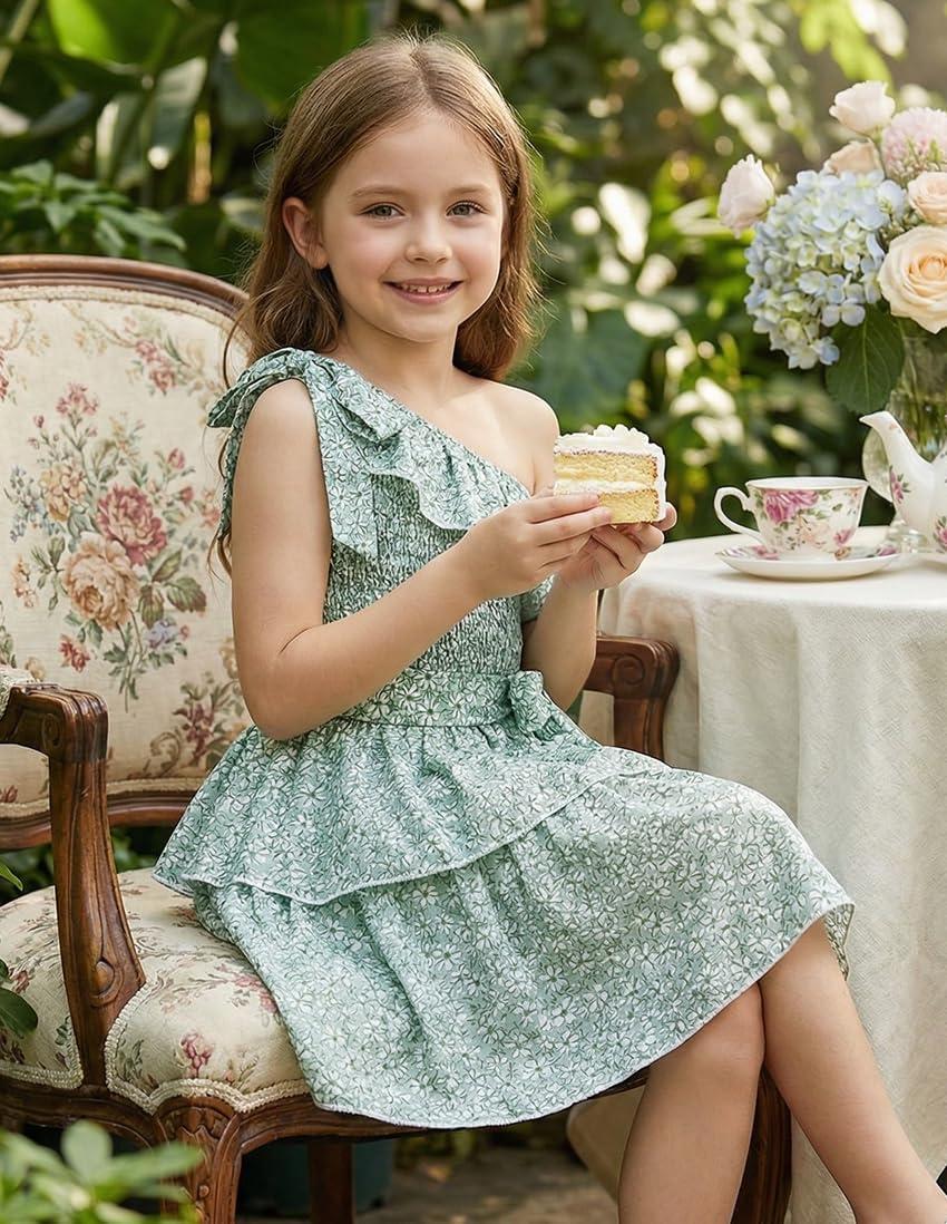 imageGRACE KARIN Girls Summer Spring Dress Kids One Shoulder Floral Dresses Teen Cute Party Flower 2 Layer Hawaiian Clothes 614Grey Green Floral