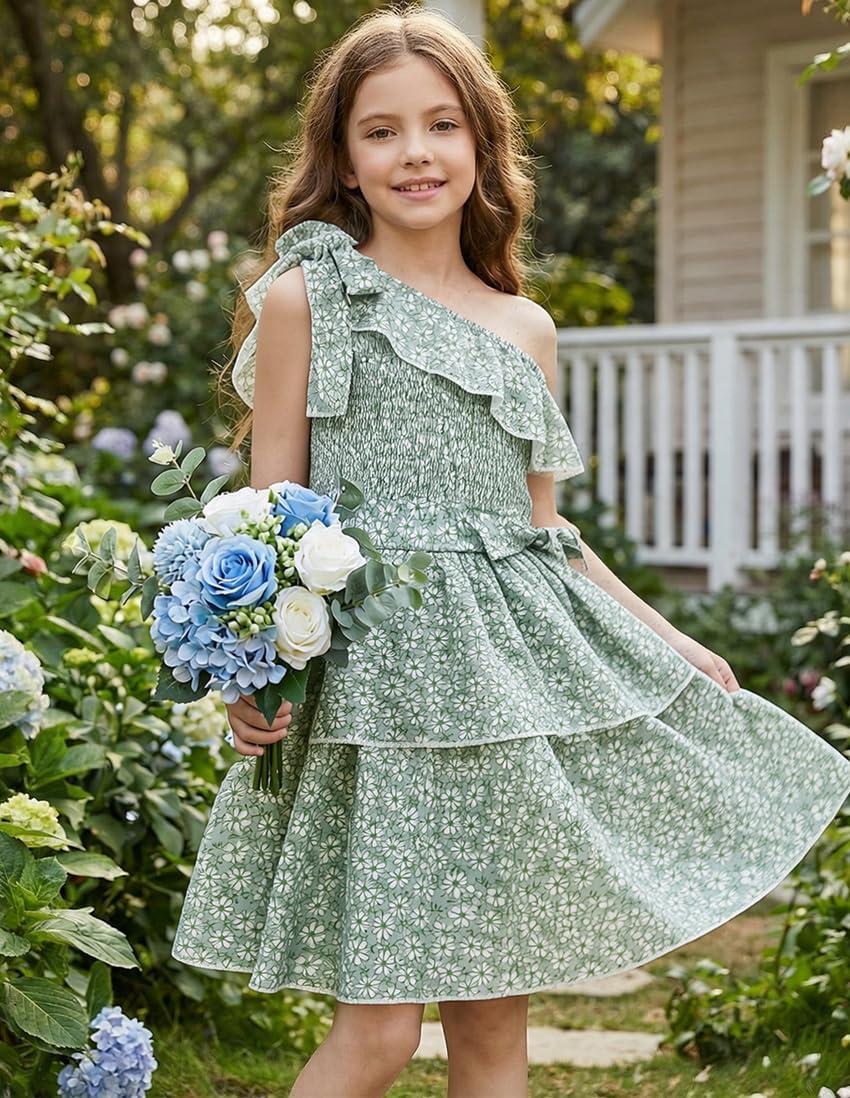 imageGRACE KARIN Girls Summer Spring Dress Kids One Shoulder Floral Dresses Teen Cute Party Flower 2 Layer Hawaiian Clothes 614Grey Green Floral