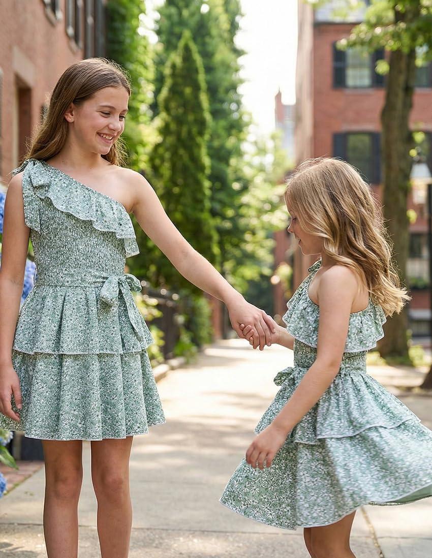 imageGRACE KARIN Girls Summer Spring Dress Kids One Shoulder Floral Dresses Teen Cute Party Flower 2 Layer Hawaiian Clothes 614Grey Green Floral