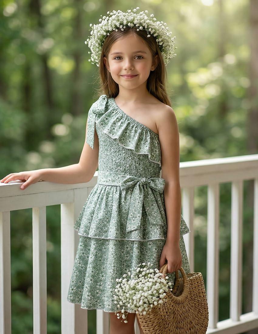 imageGRACE KARIN Girls Summer Spring Dress Kids One Shoulder Floral Dresses Teen Cute Party Flower 2 Layer Hawaiian Clothes 614Grey Green Floral