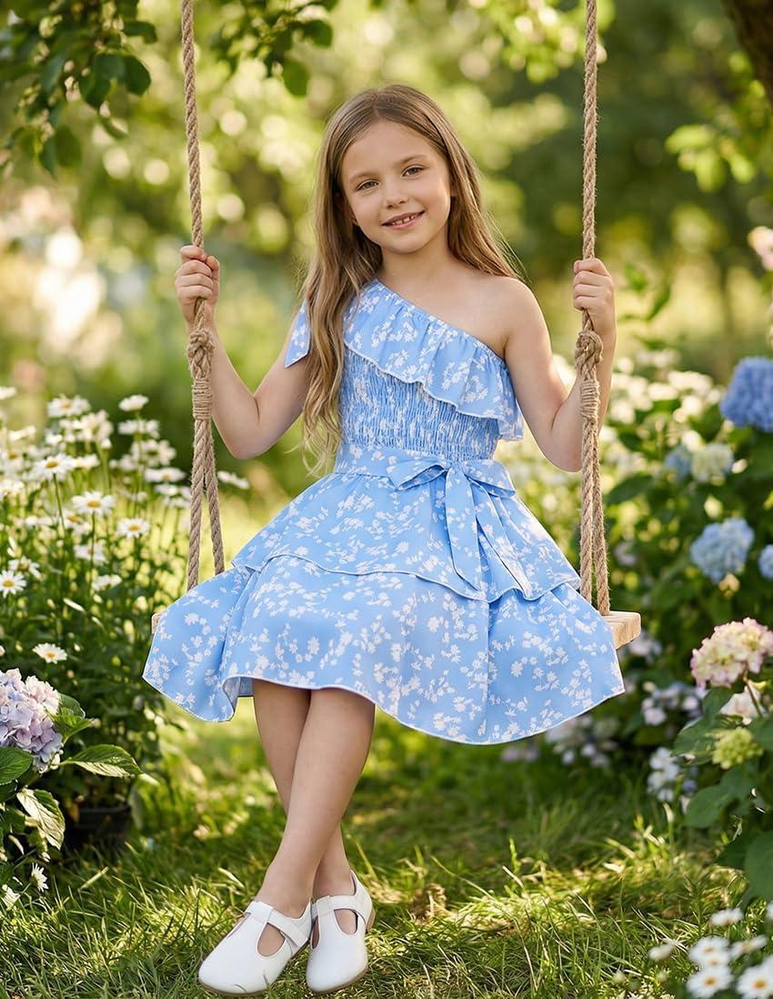 imageGRACE KARIN Girls Summer Spring Dress Kids One Shoulder Floral Dresses Teen Cute Party Flower 2 Layer Hawaiian Clothes 614Light Blue Floral