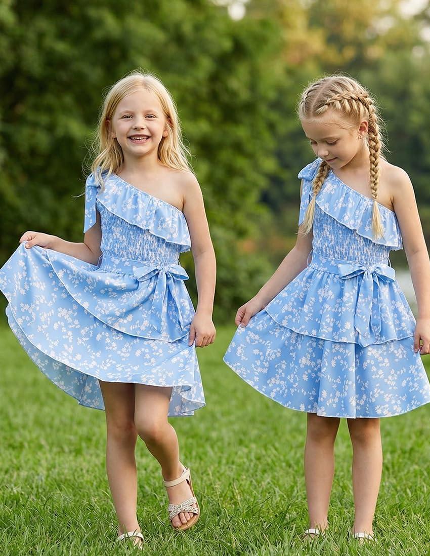 imageGRACE KARIN Girls Summer Spring Dress Kids One Shoulder Floral Dresses Teen Cute Party Flower 2 Layer Hawaiian Clothes 614Light Blue Floral