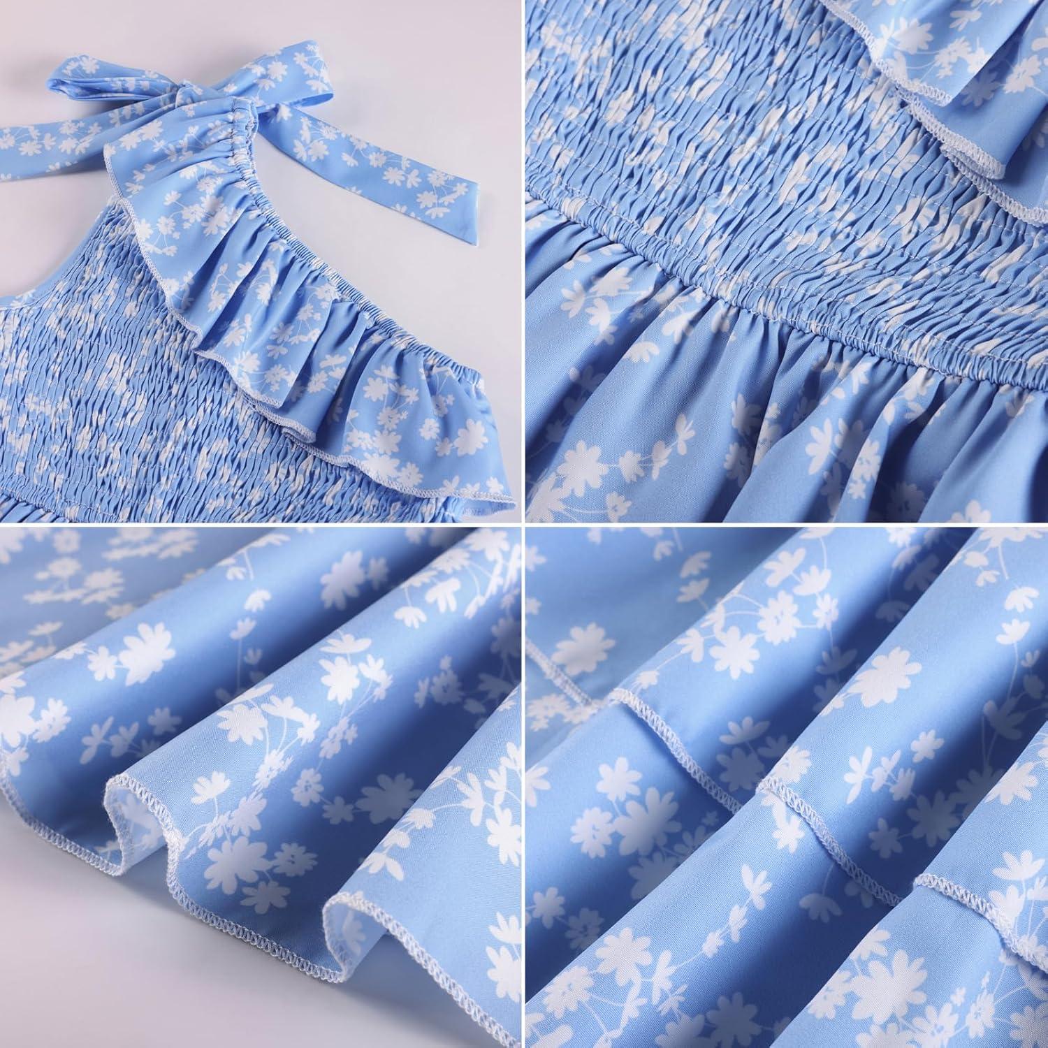 imageGRACE KARIN Girls Summer Spring Dress Kids One Shoulder Floral Dresses Teen Cute Party Flower 2 Layer Hawaiian Clothes 614Light Blue Floral