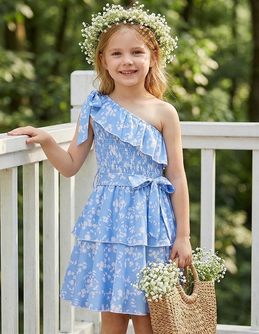 imageGRACE KARIN Girls Summer Spring Dress Kids One Shoulder Floral Dresses Teen Cute Party Flower 2 Layer Hawaiian Clothes 614Light Blue Floral