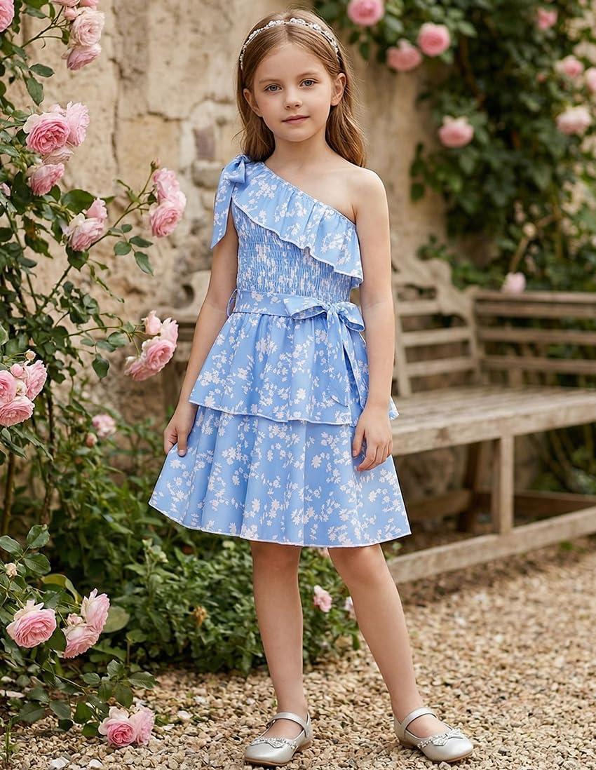 imageGRACE KARIN Girls Summer Spring Dress Kids One Shoulder Floral Dresses Teen Cute Party Flower 2 Layer Hawaiian Clothes 614Light Blue Floral