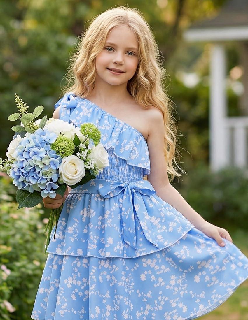 imageGRACE KARIN Girls Summer Spring Dress Kids One Shoulder Floral Dresses Teen Cute Party Flower 2 Layer Hawaiian Clothes 614Light Blue Floral