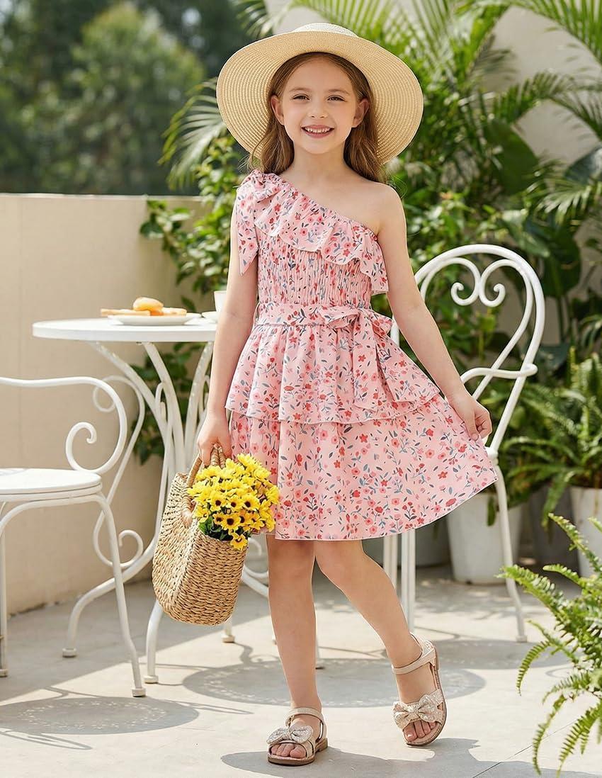 imageGRACE KARIN Girls Summer Spring Dress Kids One Shoulder Floral Dresses Teen Cute Party Flower 2 Layer Hawaiian Clothes 614Pink Floral