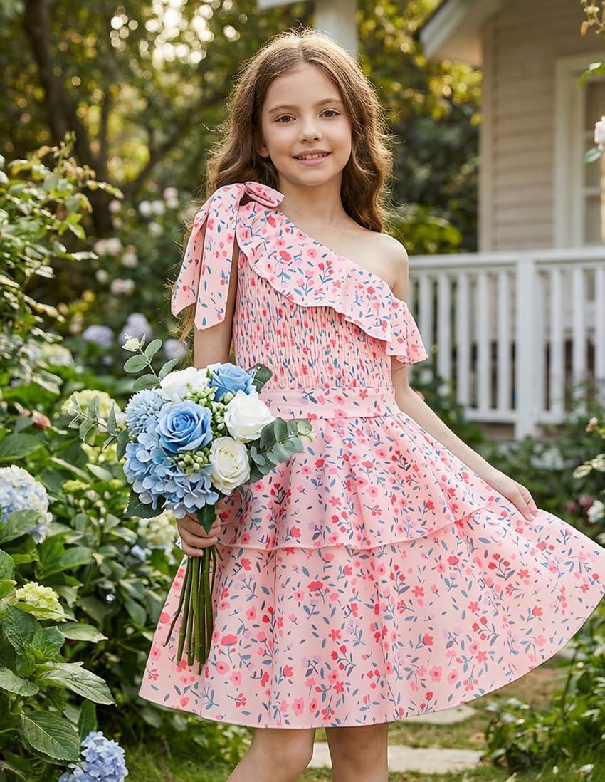 imageGRACE KARIN Girls Summer Spring Dress Kids One Shoulder Floral Dresses Teen Cute Party Flower 2 Layer Hawaiian Clothes 614Pink Floral