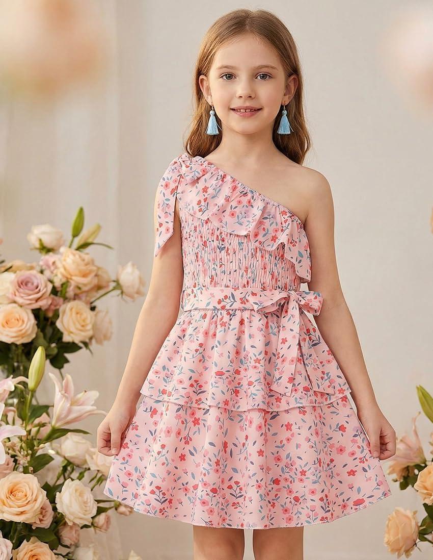 imageGRACE KARIN Girls Summer Spring Dress Kids One Shoulder Floral Dresses Teen Cute Party Flower 2 Layer Hawaiian Clothes 614Pink Floral