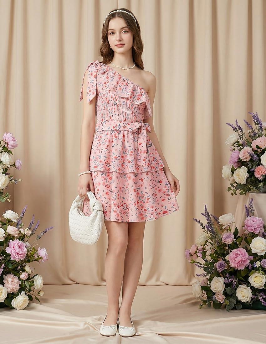 imageGRACE KARIN Girls Summer Spring Dress Kids One Shoulder Floral Dresses Teen Cute Party Flower 2 Layer Hawaiian Clothes 614Pink Floral