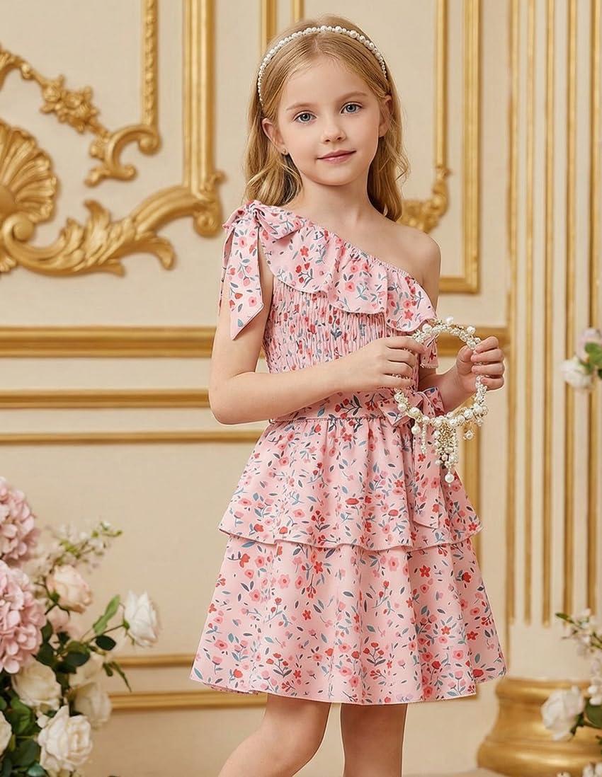 imageGRACE KARIN Girls Summer Spring Dress Kids One Shoulder Floral Dresses Teen Cute Party Flower 2 Layer Hawaiian Clothes 614Pink Floral