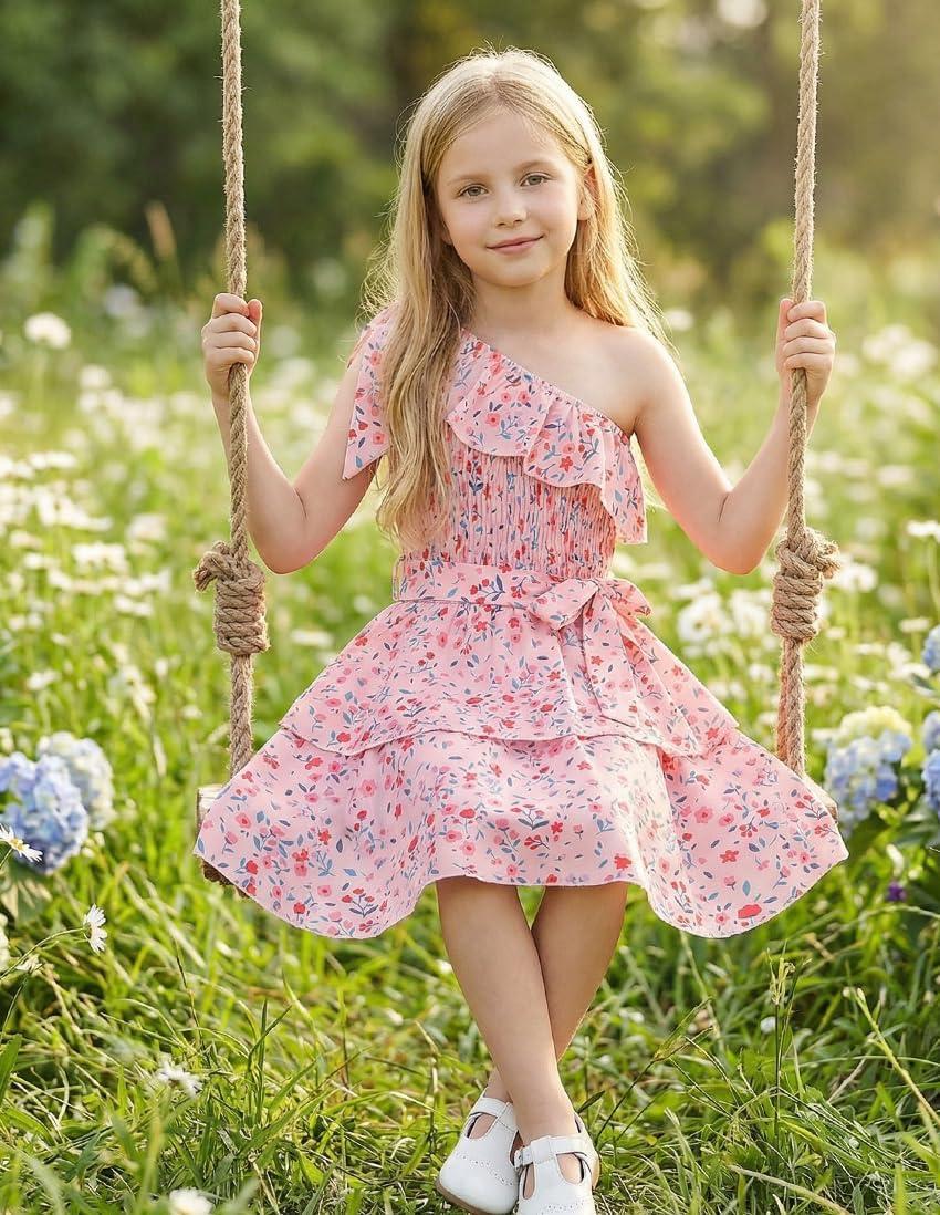 imageGRACE KARIN Girls Summer Spring Dress Kids One Shoulder Floral Dresses Teen Cute Party Flower 2 Layer Hawaiian Clothes 614Pink Floral