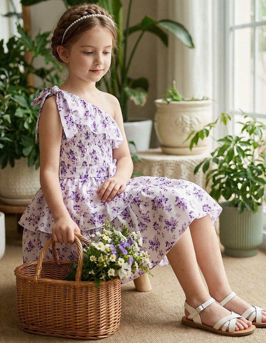imageGRACE KARIN Girls Summer Spring Dress Kids One Shoulder Floral Dresses Teen Cute Party Flower 2 Layer Hawaiian Clothes 614Purple Floral