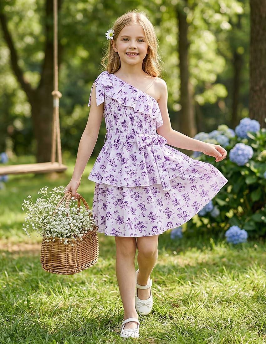 imageGRACE KARIN Girls Summer Spring Dress Kids One Shoulder Floral Dresses Teen Cute Party Flower 2 Layer Hawaiian Clothes 614Purple Floral
