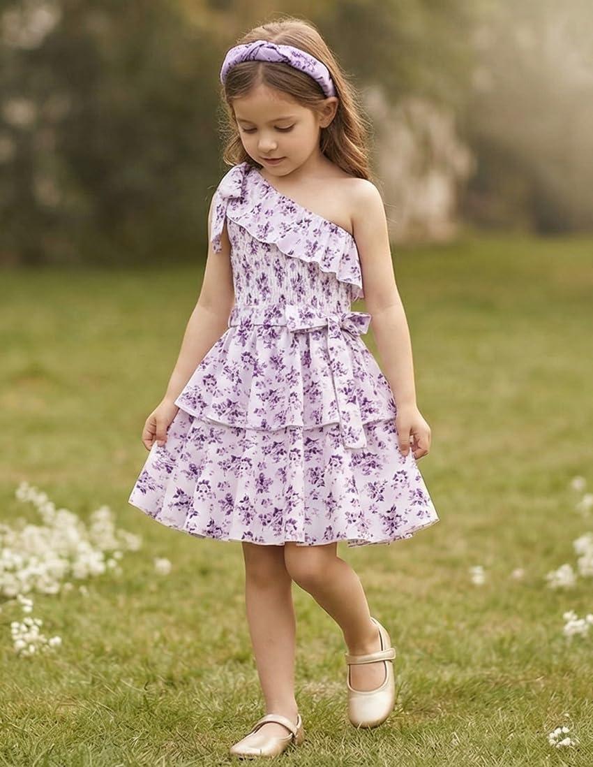 imageGRACE KARIN Girls Summer Spring Dress Kids One Shoulder Floral Dresses Teen Cute Party Flower 2 Layer Hawaiian Clothes 614Purple Floral