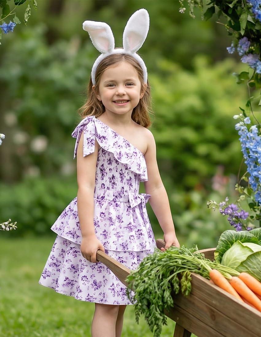 imageGRACE KARIN Girls Summer Spring Dress Kids One Shoulder Floral Dresses Teen Cute Party Flower 2 Layer Hawaiian Clothes 614Purple Floral