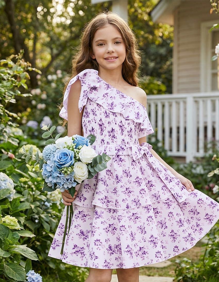 imageGRACE KARIN Girls Summer Spring Dress Kids One Shoulder Floral Dresses Teen Cute Party Flower 2 Layer Hawaiian Clothes 614Purple Floral