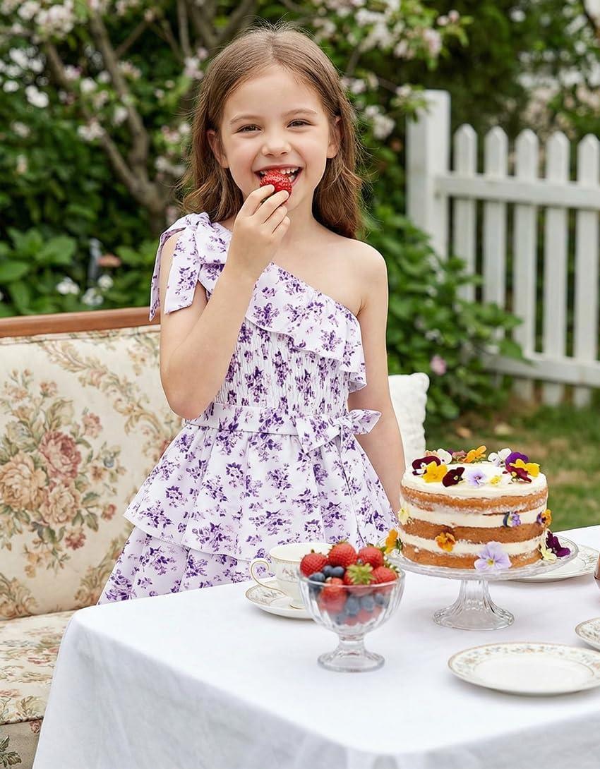 imageGRACE KARIN Girls Summer Spring Dress Kids One Shoulder Floral Dresses Teen Cute Party Flower 2 Layer Hawaiian Clothes 614Purple Floral