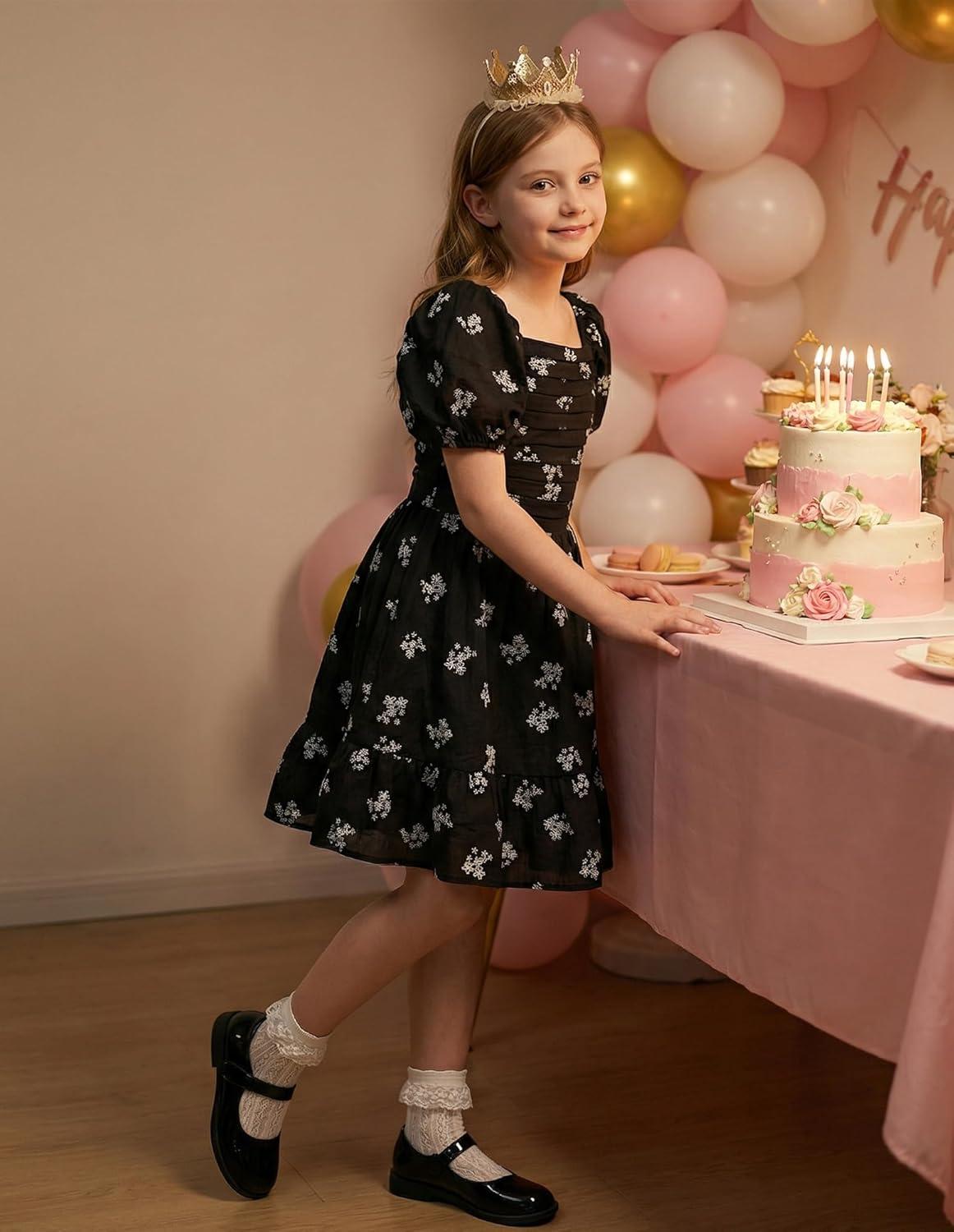 imageGRACE KARIN Girls Summer Tie Back Dress Square Neck Lantern Sleeve Ruffle Hem Elegant Dresses for 714 YearsBlack