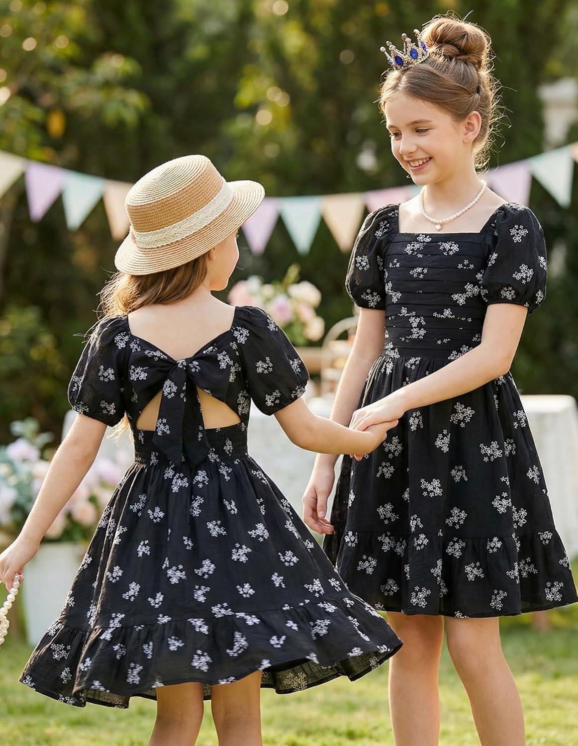 imageGRACE KARIN Girls Summer Tie Back Dress Square Neck Lantern Sleeve Ruffle Hem Elegant Dresses for 714 YearsBlack