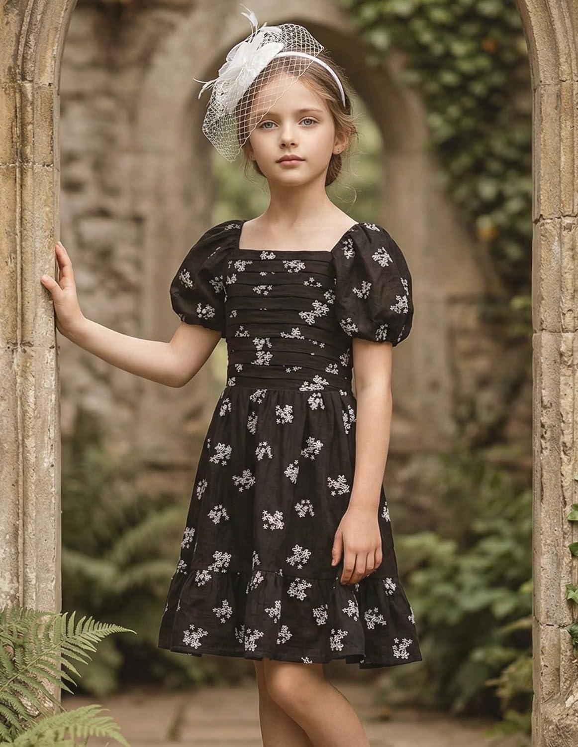 imageGRACE KARIN Girls Summer Tie Back Dress Square Neck Lantern Sleeve Ruffle Hem Elegant Dresses for 714 YearsBlack