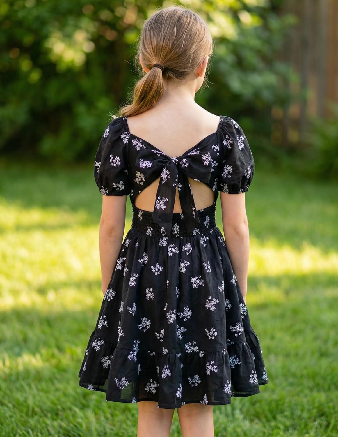imageGRACE KARIN Girls Summer Tie Back Dress Square Neck Lantern Sleeve Ruffle Hem Elegant Dresses for 714 YearsBlack