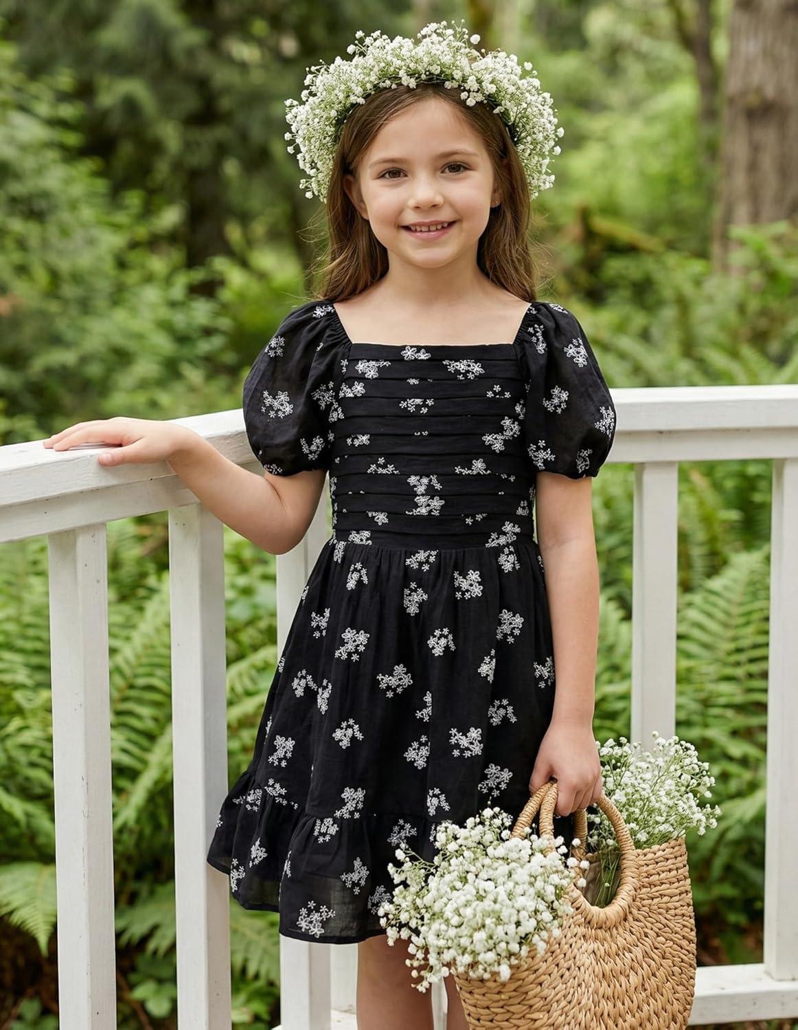 imageGRACE KARIN Girls Summer Tie Back Dress Square Neck Lantern Sleeve Ruffle Hem Elegant Dresses for 714 YearsBlack