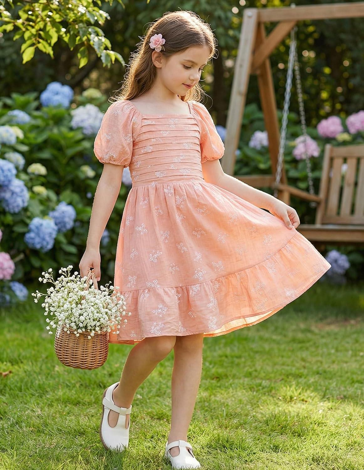 imageGRACE KARIN Girls Summer Tie Back Dress Square Neck Lantern Sleeve Ruffle Hem Elegant Dresses for 714 YearsOrange Pink