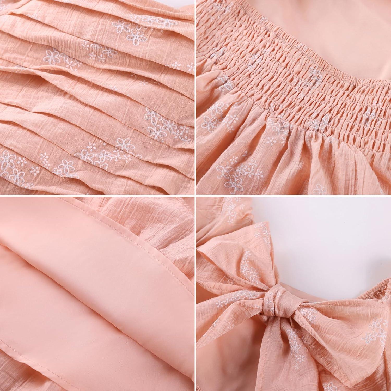 imageGRACE KARIN Girls Summer Tie Back Dress Square Neck Lantern Sleeve Ruffle Hem Elegant Dresses for 714 YearsOrange Pink