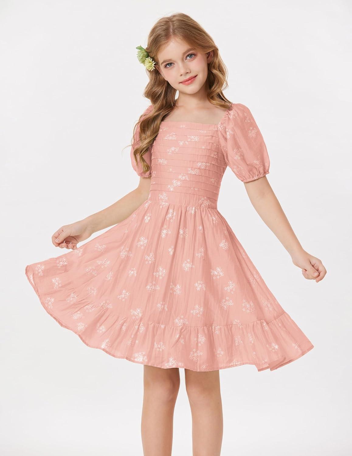 imageGRACE KARIN Girls Summer Tie Back Dress Square Neck Lantern Sleeve Ruffle Hem Elegant Dresses for 714 YearsOrange Pink