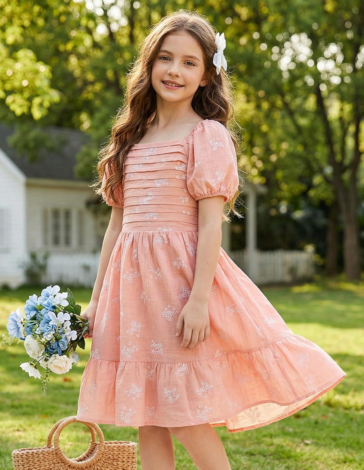 imageGRACE KARIN Girls Summer Tie Back Dress Square Neck Lantern Sleeve Ruffle Hem Elegant Dresses for 714 YearsOrange Pink