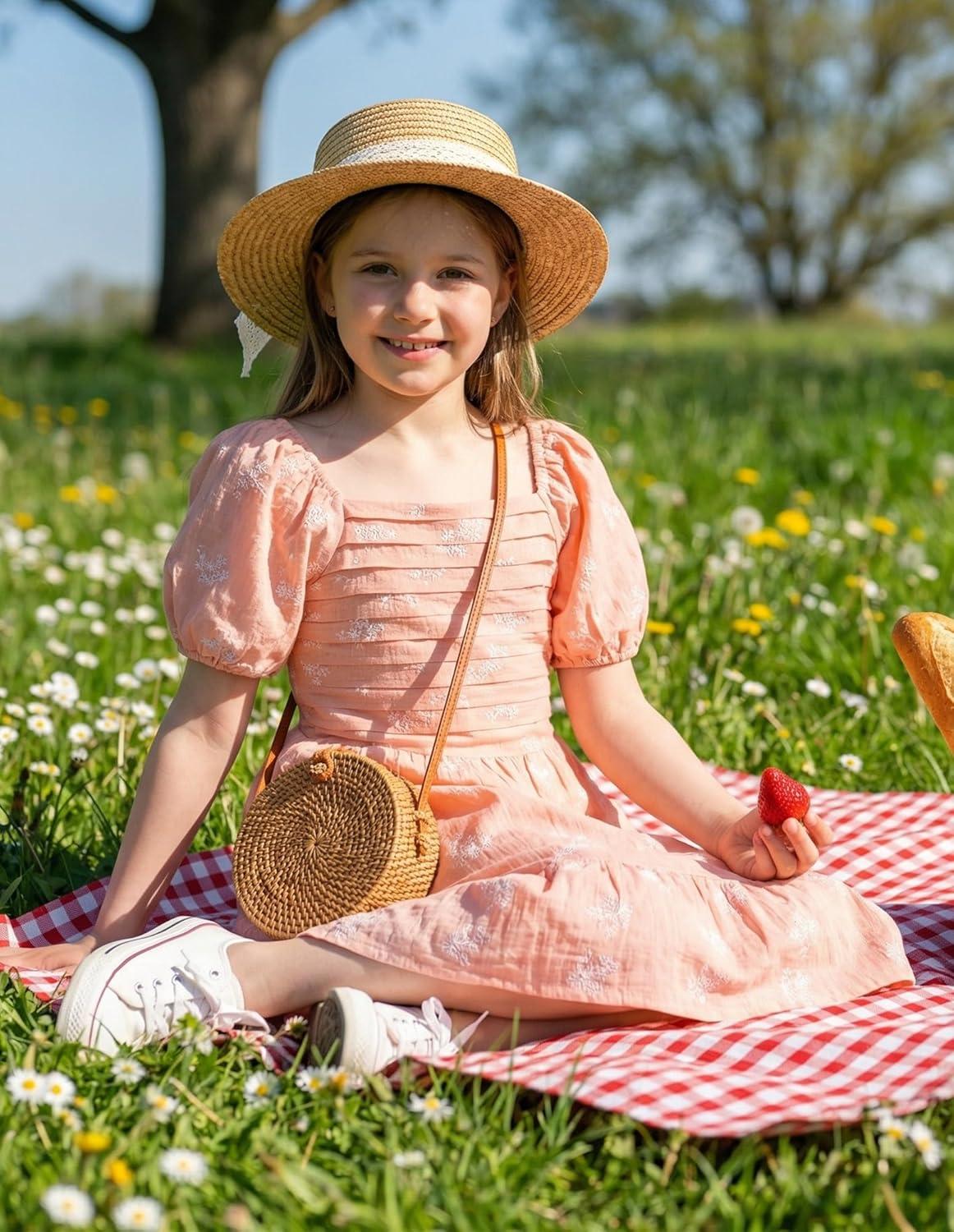 imageGRACE KARIN Girls Summer Tie Back Dress Square Neck Lantern Sleeve Ruffle Hem Elegant Dresses for 714 YearsOrange Pink